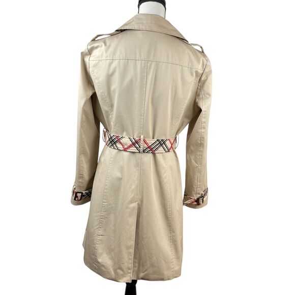 IMAN Women's Trench Coat Medium Beige Cotton Belted Double Breasted Plaid Trim - Picture 7 of 13